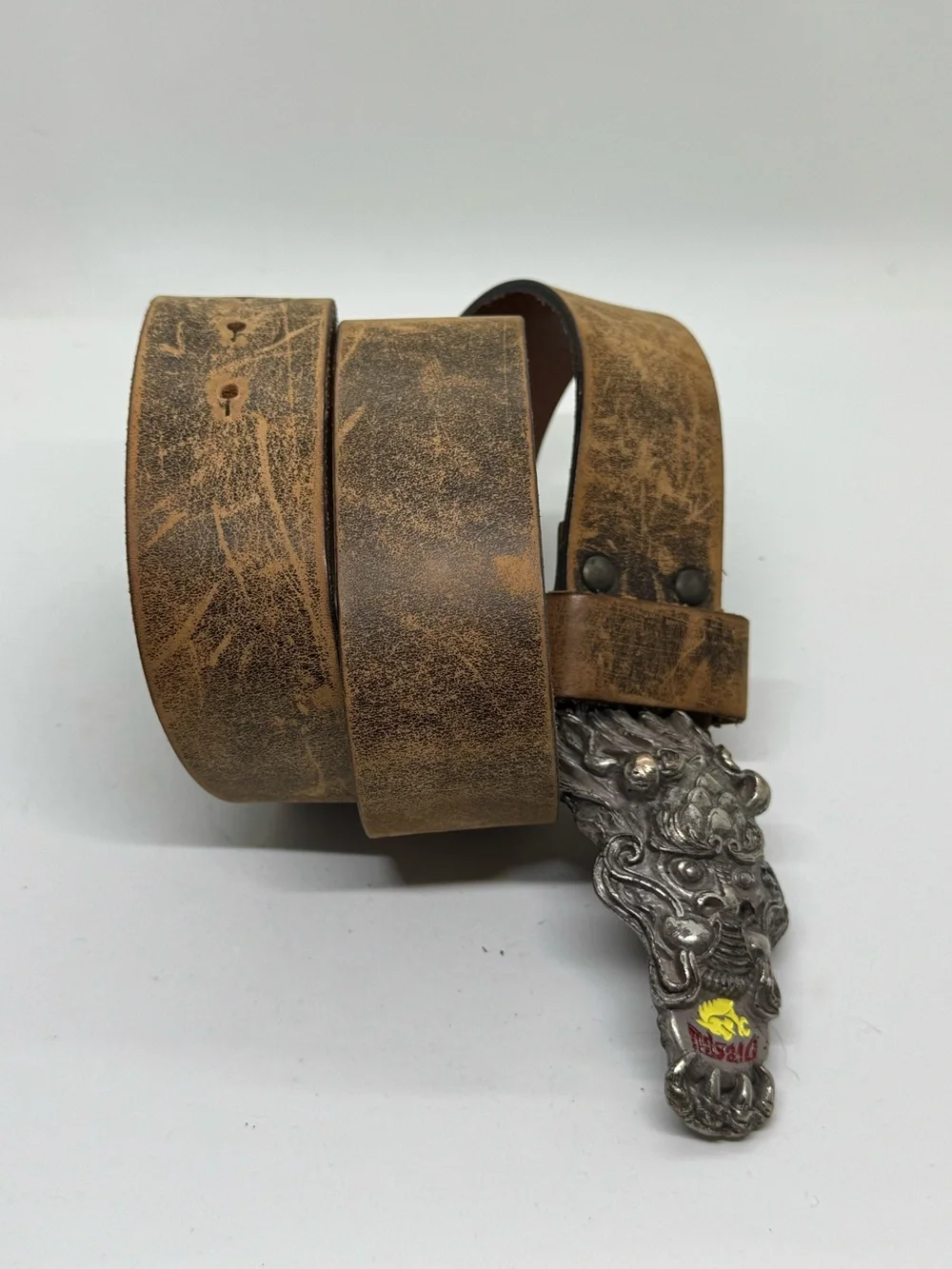 Diesel Distressed Brown Leather Belt with Dragon Buckle Wide Size 95 - Picture 2 of 5